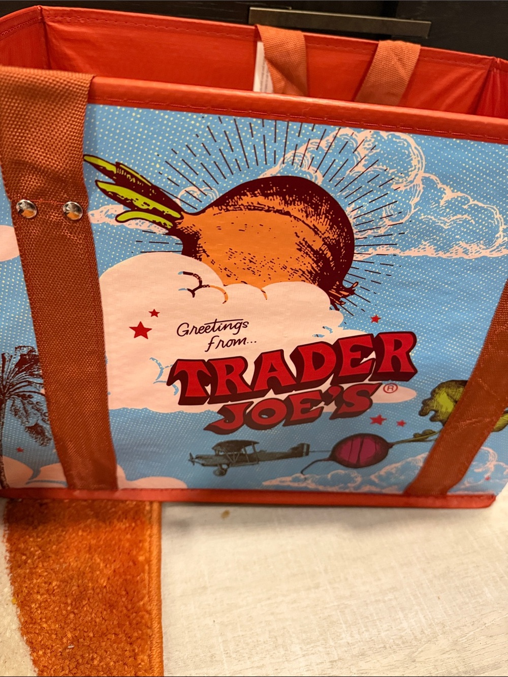 Trader Joe's Reusable Tote Bag in Sky Blue & Orange NEW